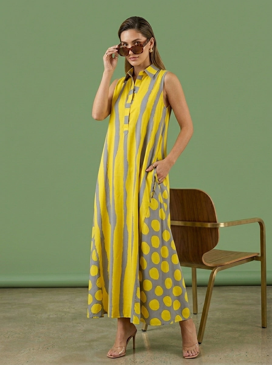 Yellow & Grey Abstract Stripe and Polka Dot Print Sleeveless Maxi Dres   Piaah