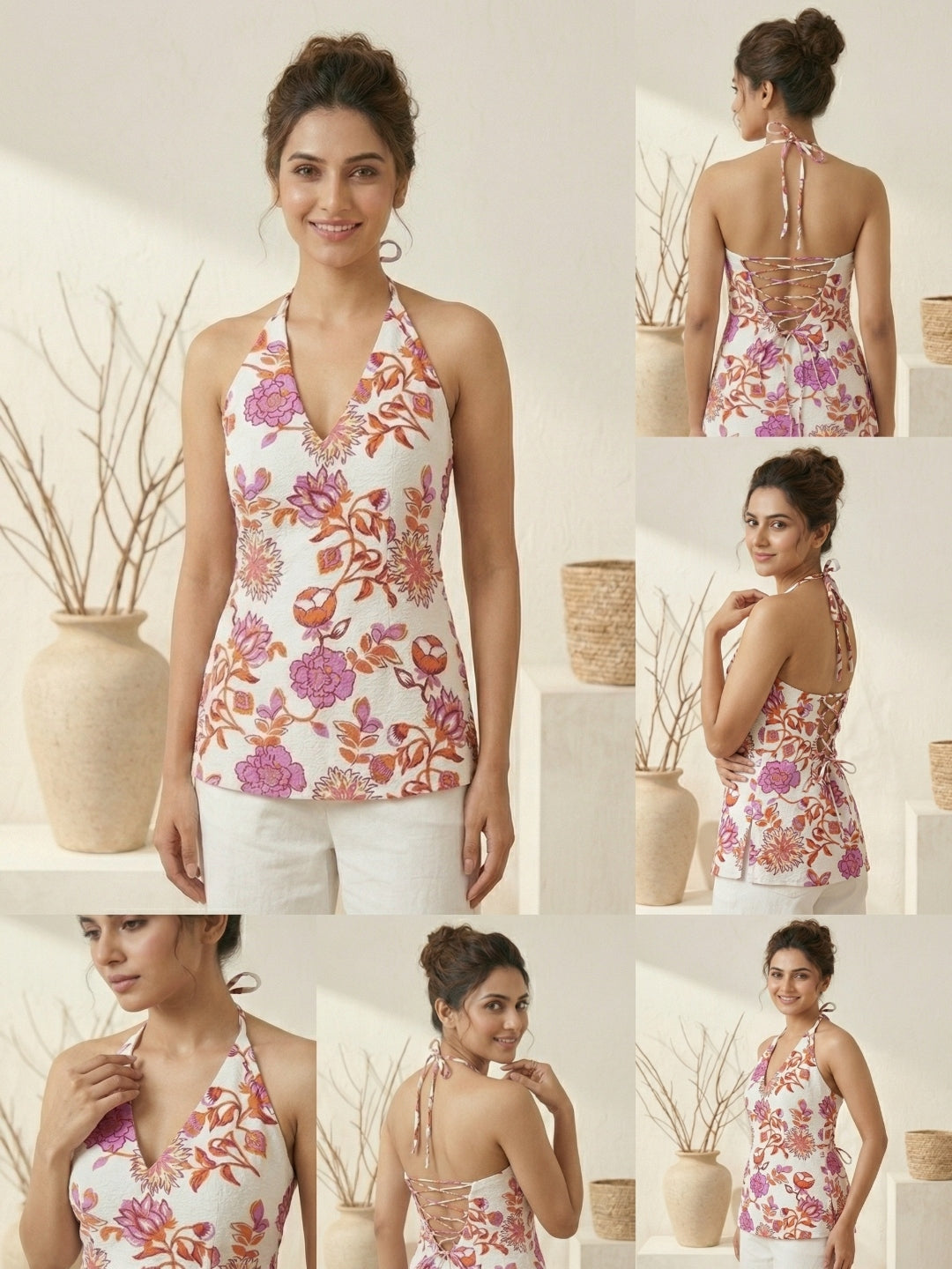 Sunset Bloom V-Neck Halter Top