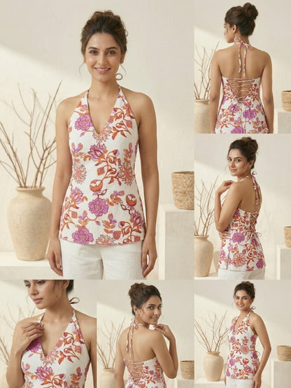 Sunset Bloom V-Neck Halter Top