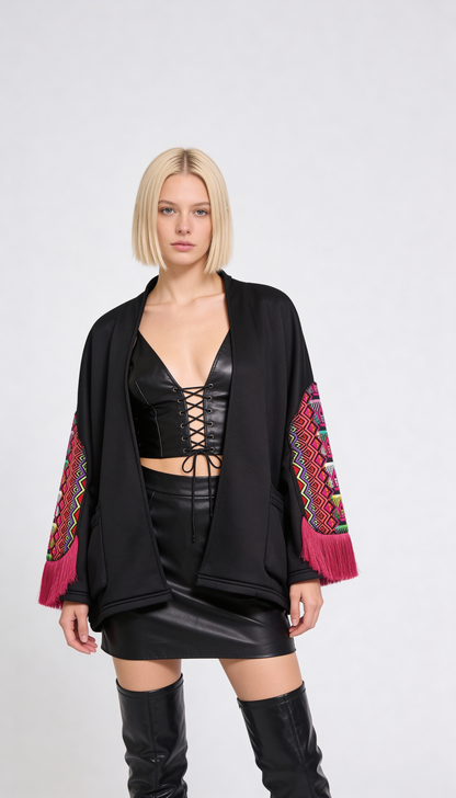 Black Embroidered Boho Shrug with Pink Fringe Sleeves