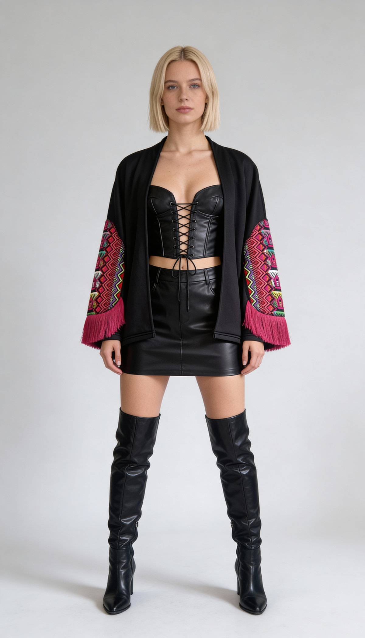 Black Embroidered Boho Shrug with Pink Fringe Sleeves