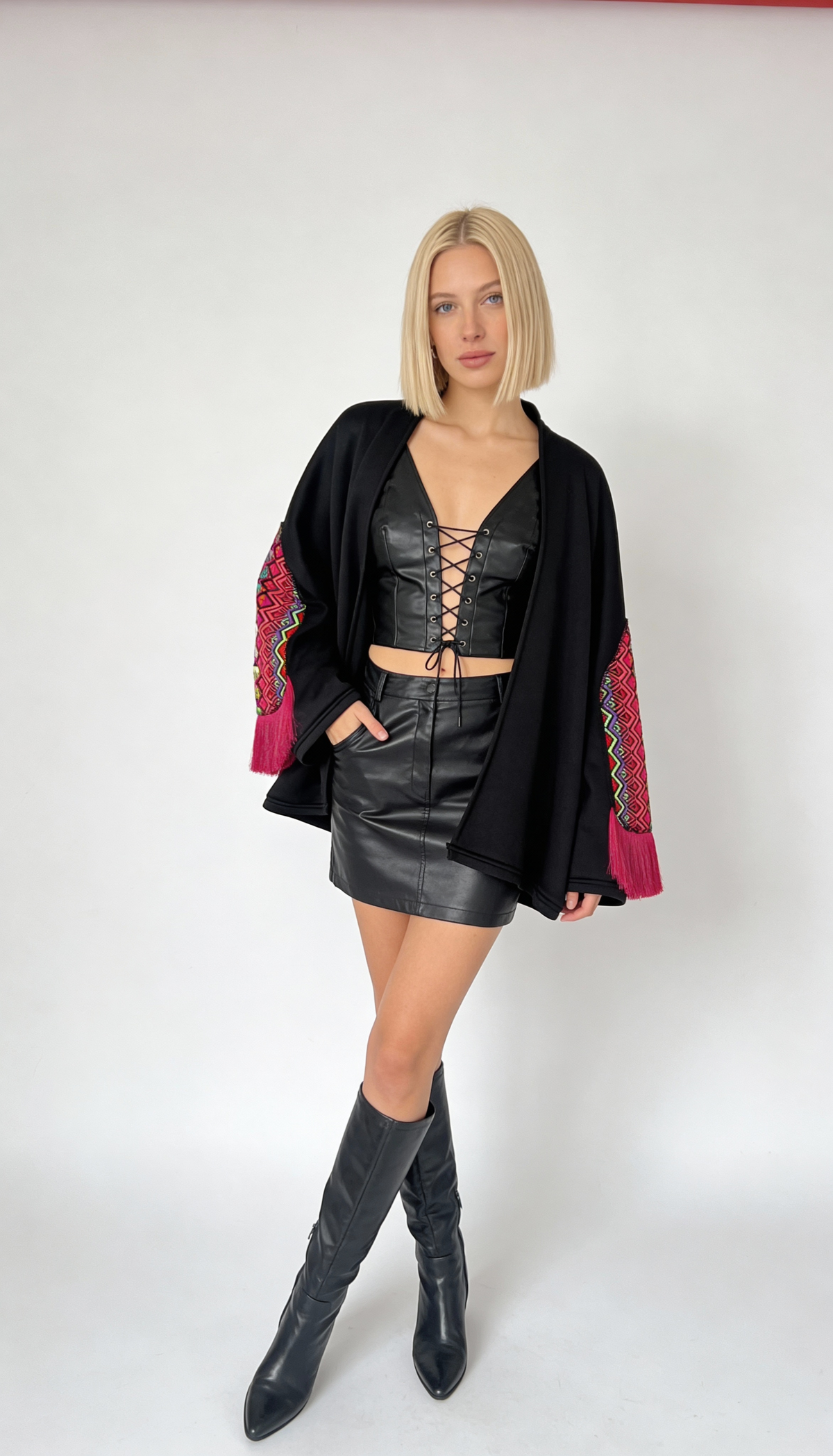 Black Embroidered Boho Shrug with Pink Fringe Sleeves