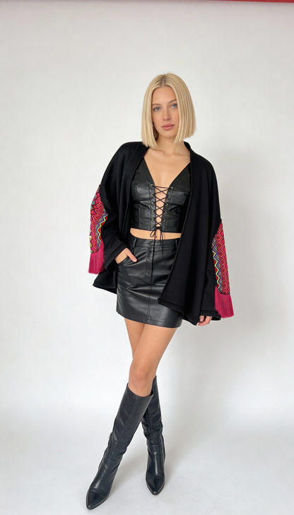 Black Embroidered Boho Shrug with Pink Fringe Sleeves