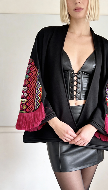Black Embroidered Boho Shrug with Pink Fringe Sleeves