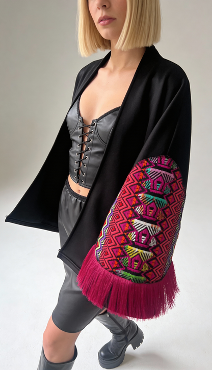 Black Embroidered Boho Shrug with Pink Fringe Sleeves