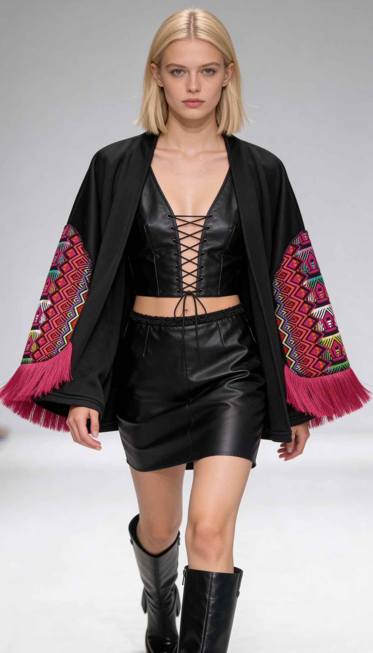 Black Embroidered Boho Shrug with Pink Fringe Sleeves
