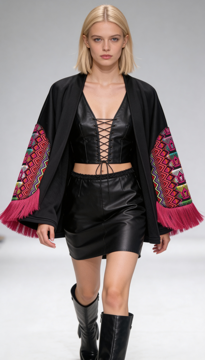 Black Embroidered Boho Shrug with Pink Fringe Sleeves