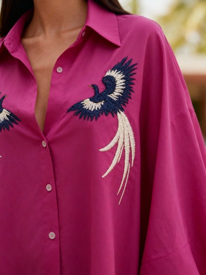 Women’s Fuchsia Pink Oversized Shirt with Embroidered Birds | Button-Down High-Low Kaftan Style Top for Casual &amp; Party Wear