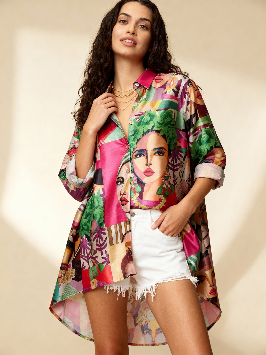 Vibrant Abstract Face Art Print Oversized Silk Shirt Dress for Women | Bohemian Loose Fit Button-Down Tunic