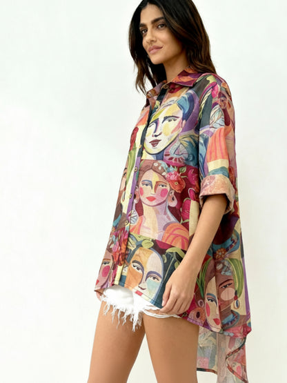 Vibrant Art Print Mango Silk High-Low Shirt
