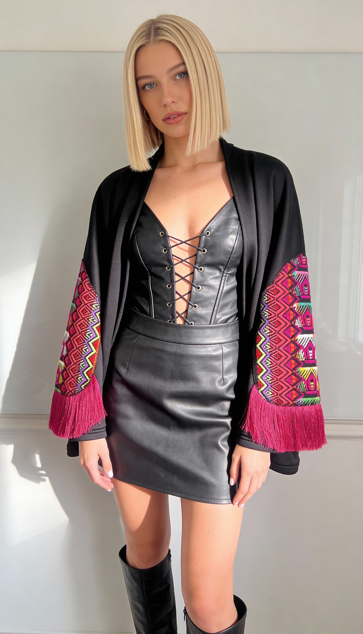 Black Embroidered Boho Shrug with Pink Fringe Sleeves