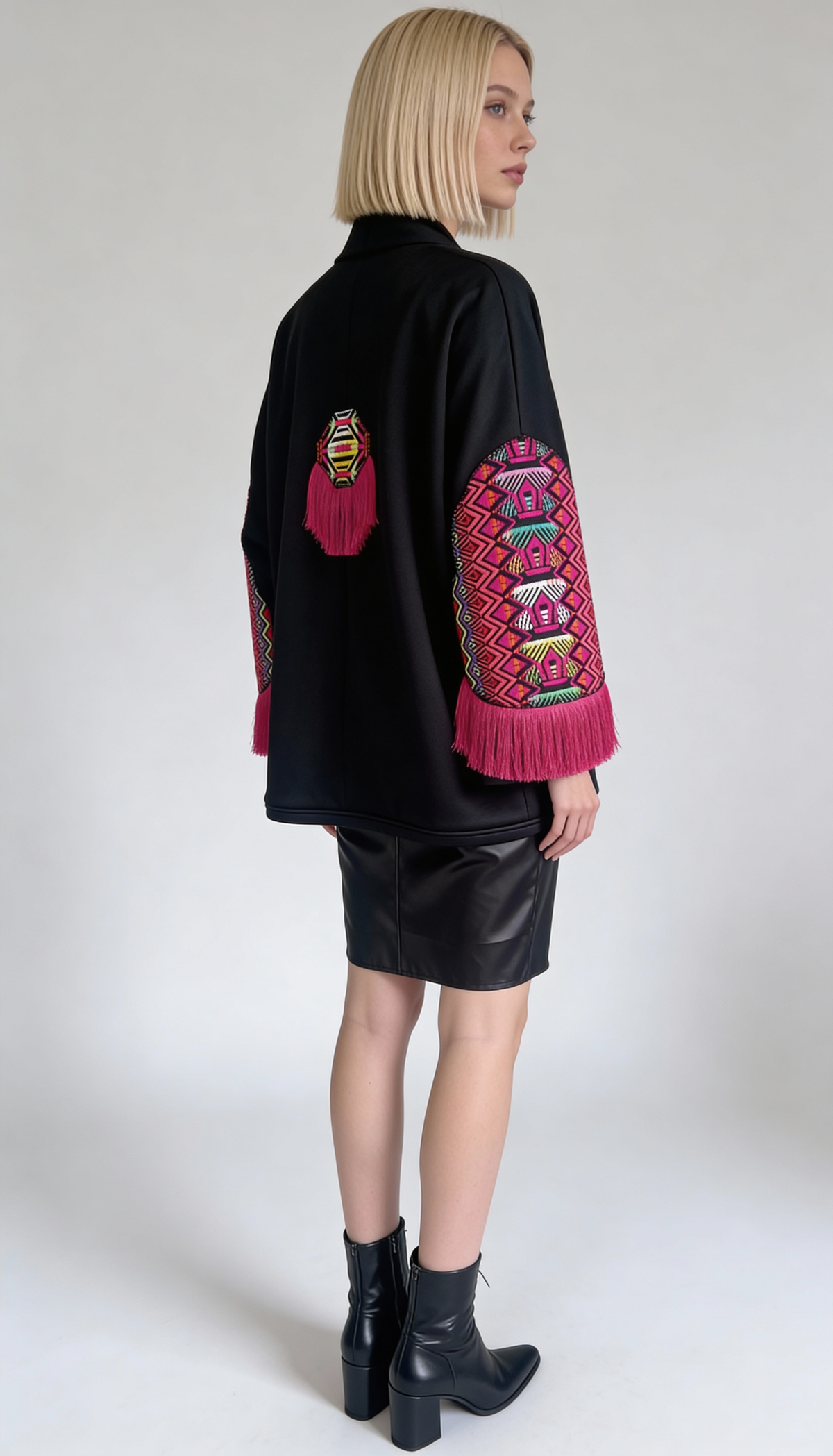Black Embroidered Boho Shrug with Pink Fringe Sleeves