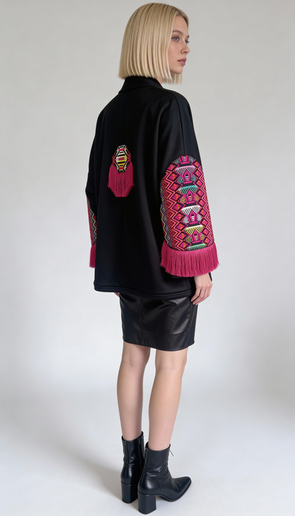 Black Embroidered Boho Shrug with Pink Fringe Sleeves