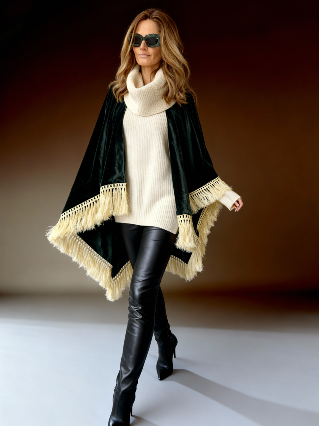 Dark green Fringe Poncho