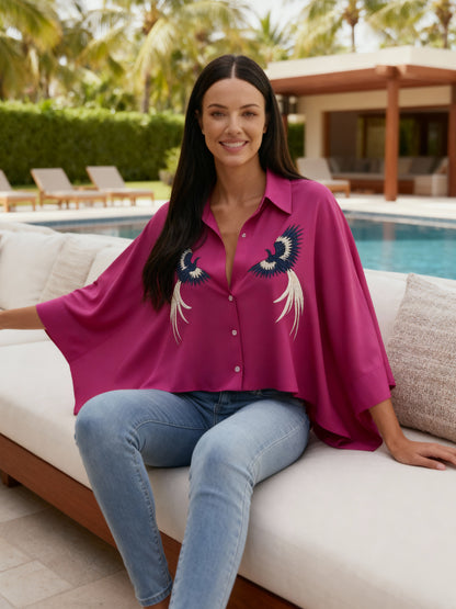 Women’s Fuchsia Pink Oversized Shirt with Embroidered Birds | Button-Down High-Low Kaftan Style Top for Casual &amp; Party Wear