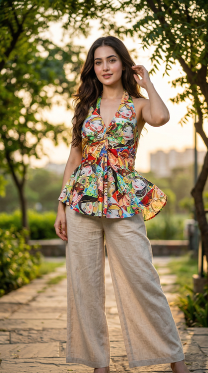 Vibrant Face Print Halter Peplum Blouse – Retro Pop Art Summer Top