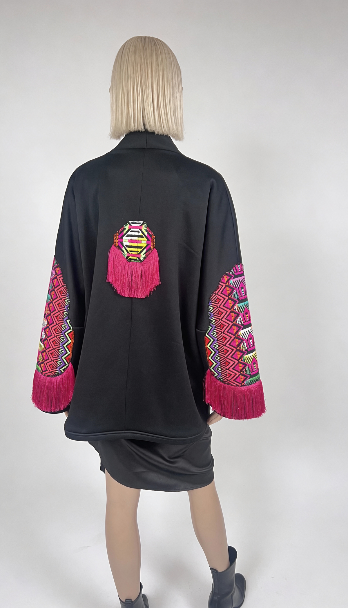 Black Embroidered Boho Shrug with Pink Fringe Sleeves