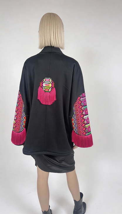 Black Embroidered Boho Shrug with Pink Fringe Sleeves