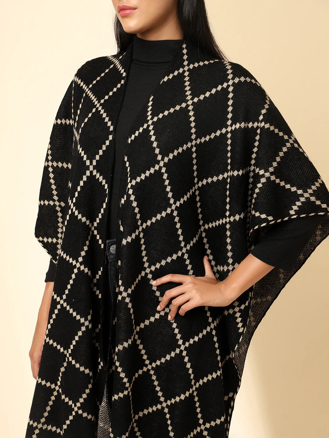 Open Front Checkered Knitted Shrug | Black