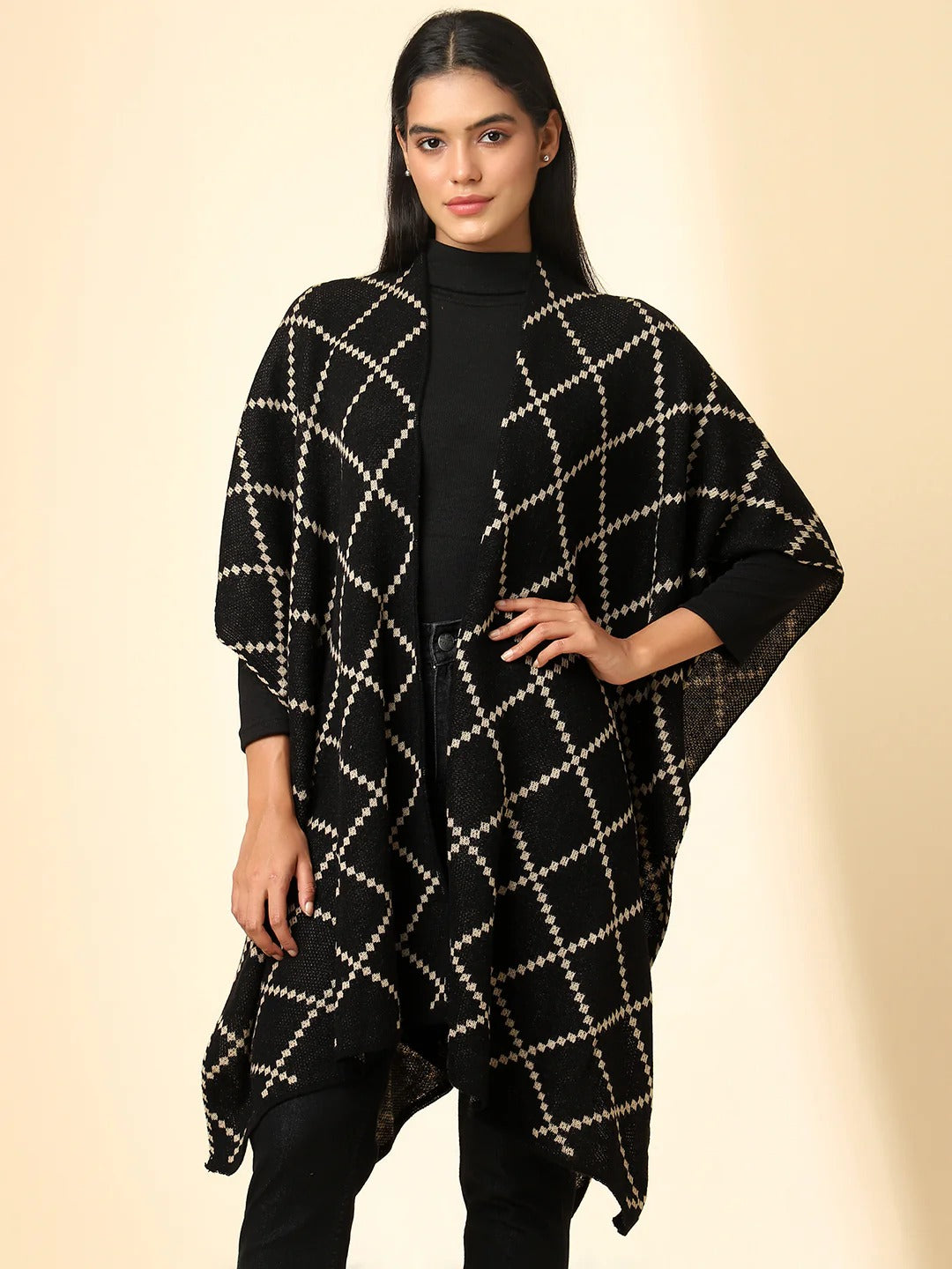 Open Front Checkered Knitted Shrug | Black