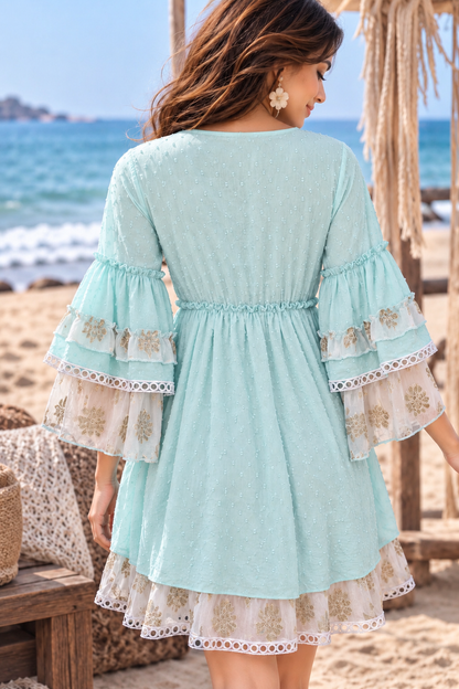 Aqua Blue Cotton Short Dress with Embroidered Net Edges &amp; Floral Lace Detailing
