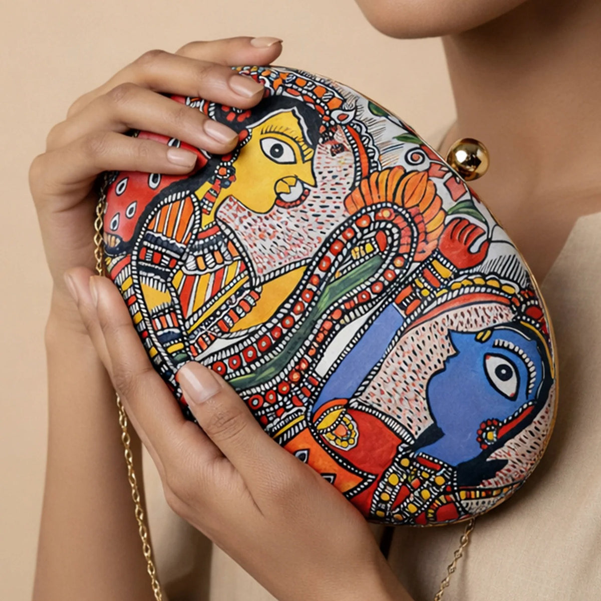Multicolour Madhubani Art Printed Oval Box Clutch with Golden Chain