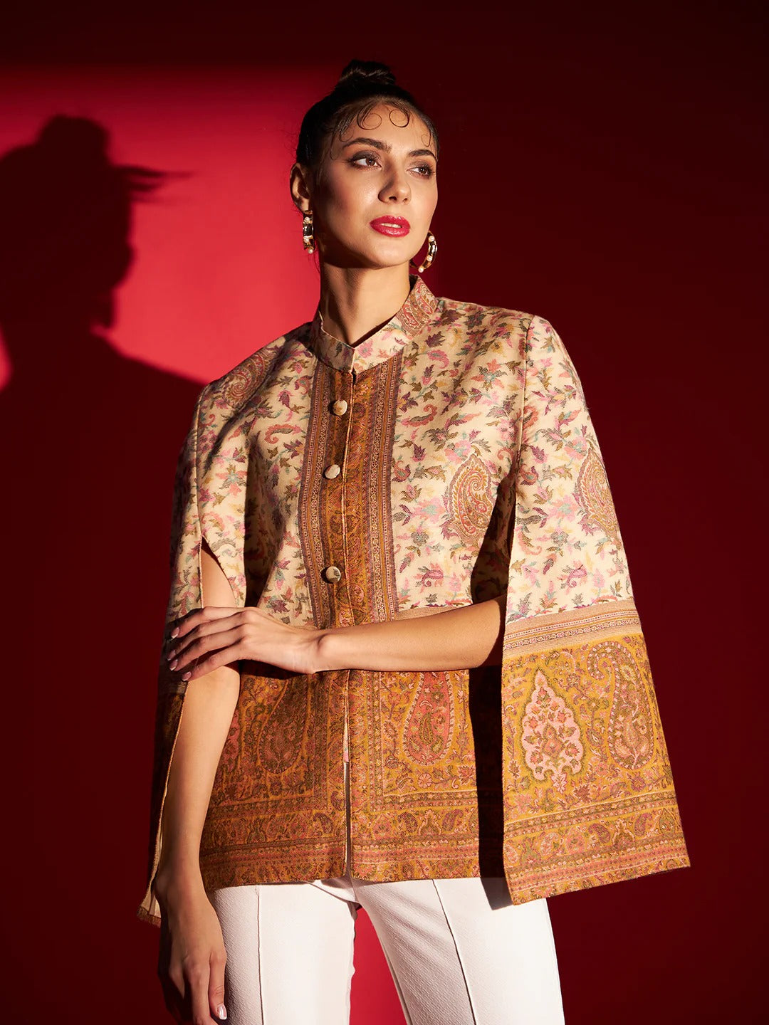 Woven Designer Luxury Cape Jacket for Women | Cream Mustard