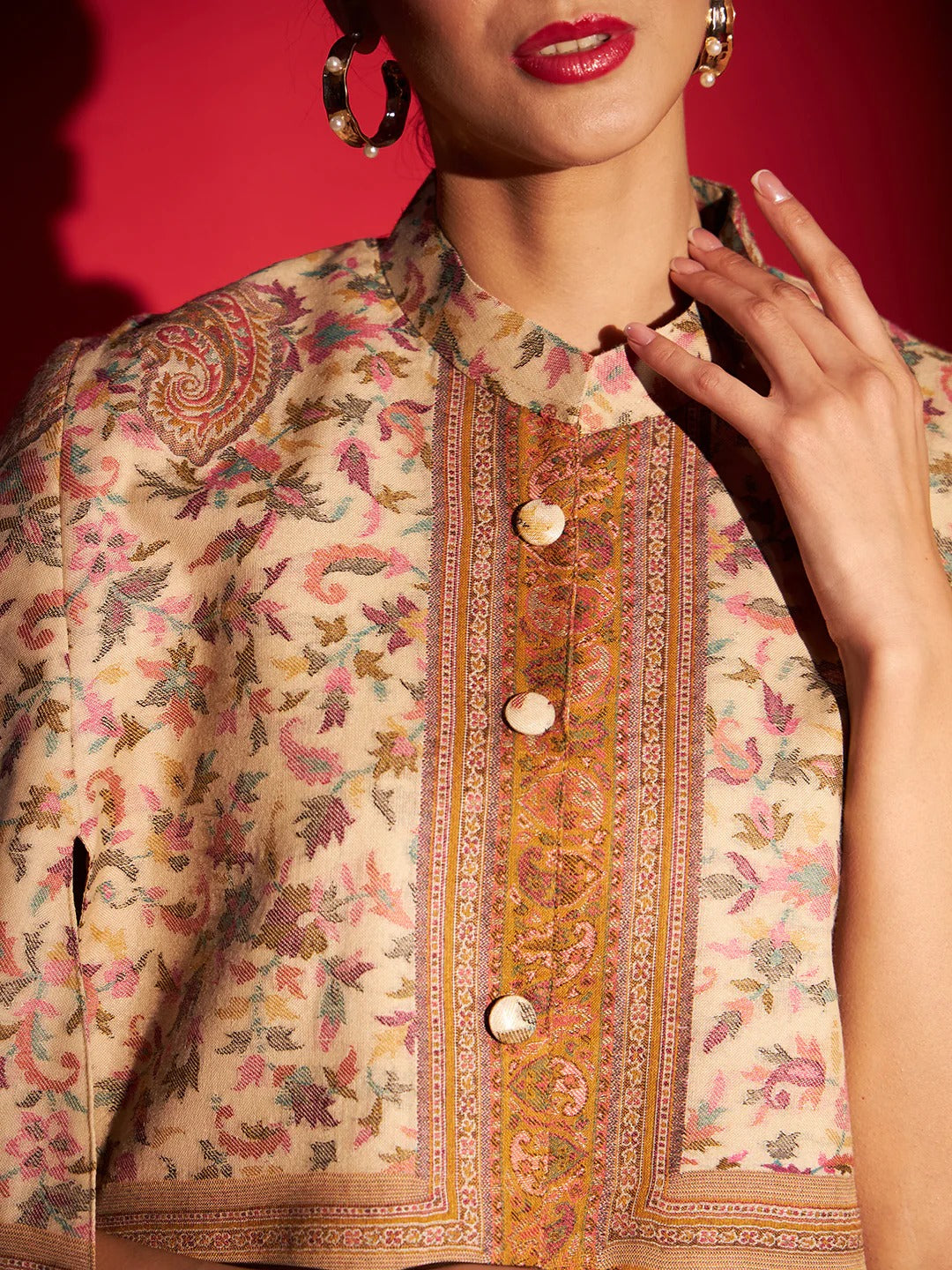 Woven Designer Luxury Cape Jacket for Women | Cream Mustard