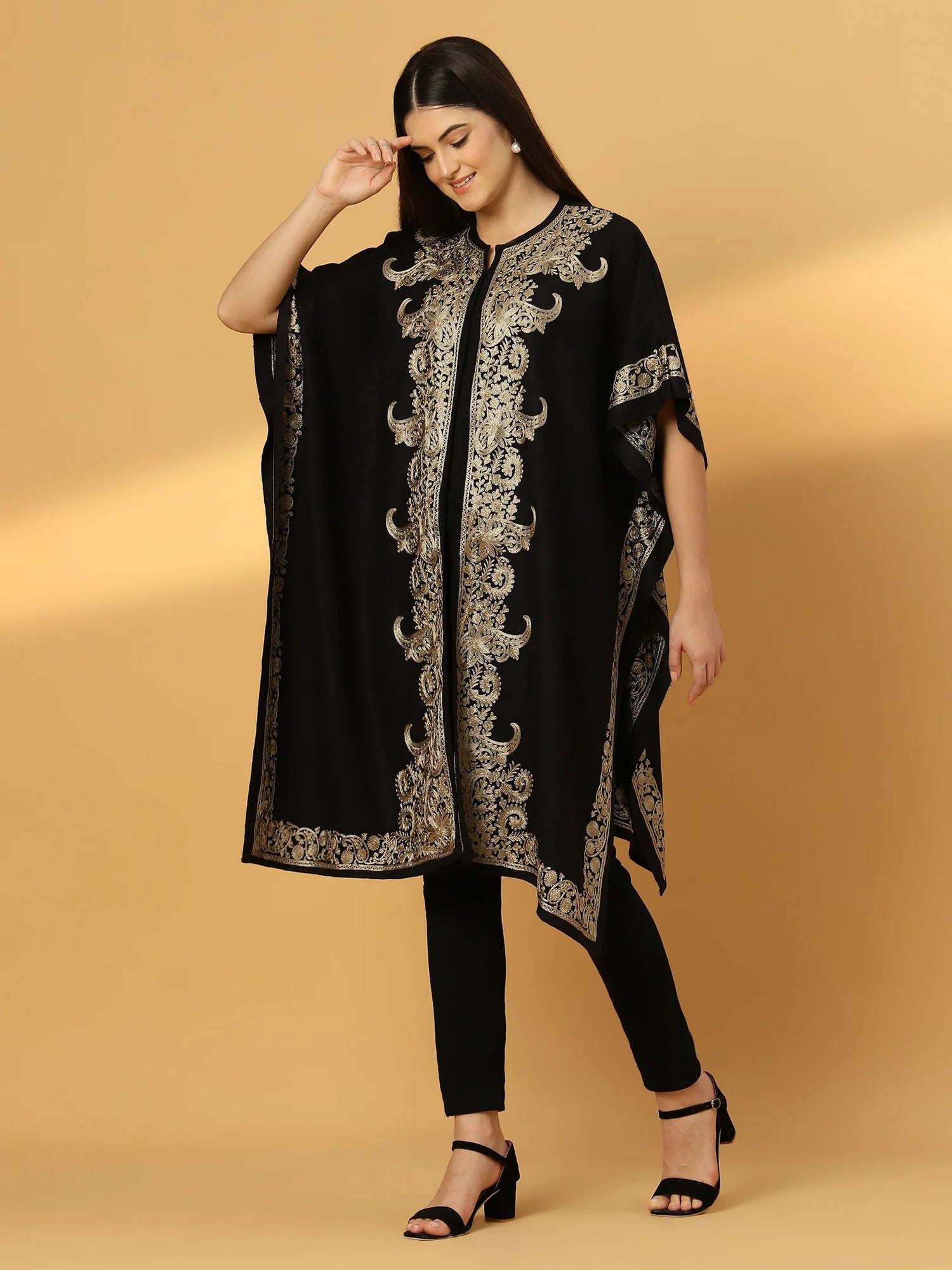 Floral Embroidery Black Pheran Shrug