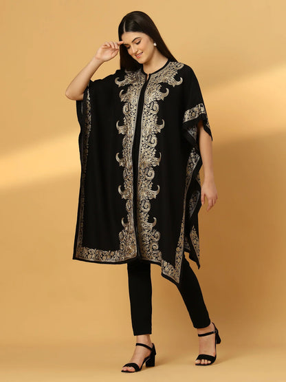 Floral Embroidery Black Pheran Shrug