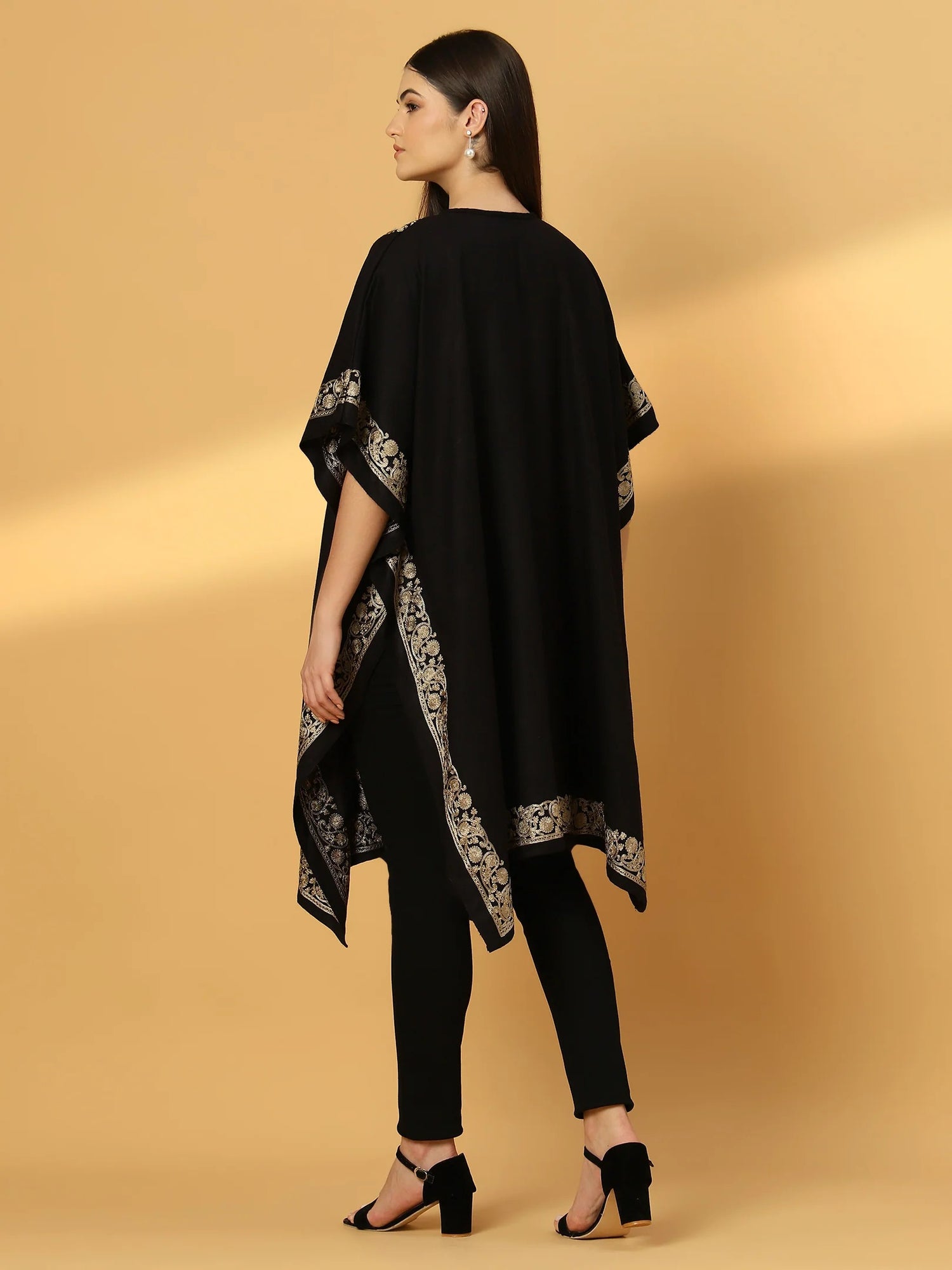 Floral Embroidery Black Pheran Shrug