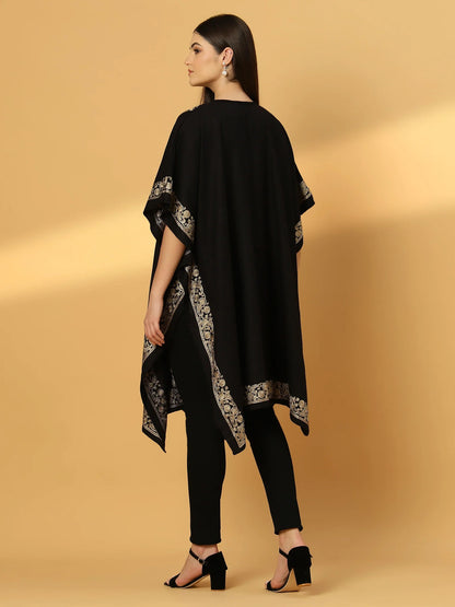 Floral Embroidery Black Pheran Shrug