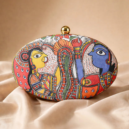 Multicolour Madhubani Art Printed Oval Box Clutch with Golden Chain