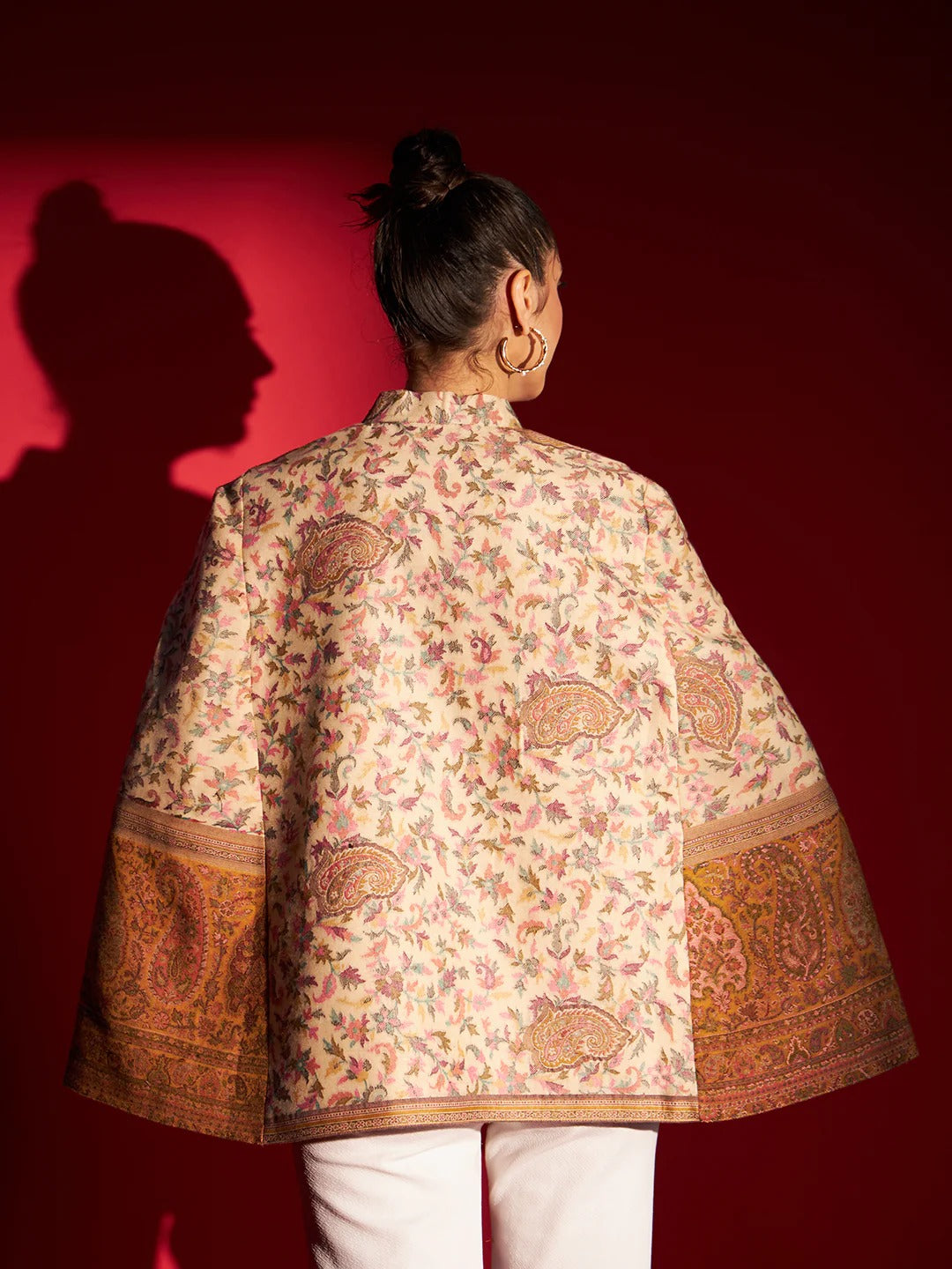 Woven Designer Luxury Cape Jacket for Women | Cream Mustard