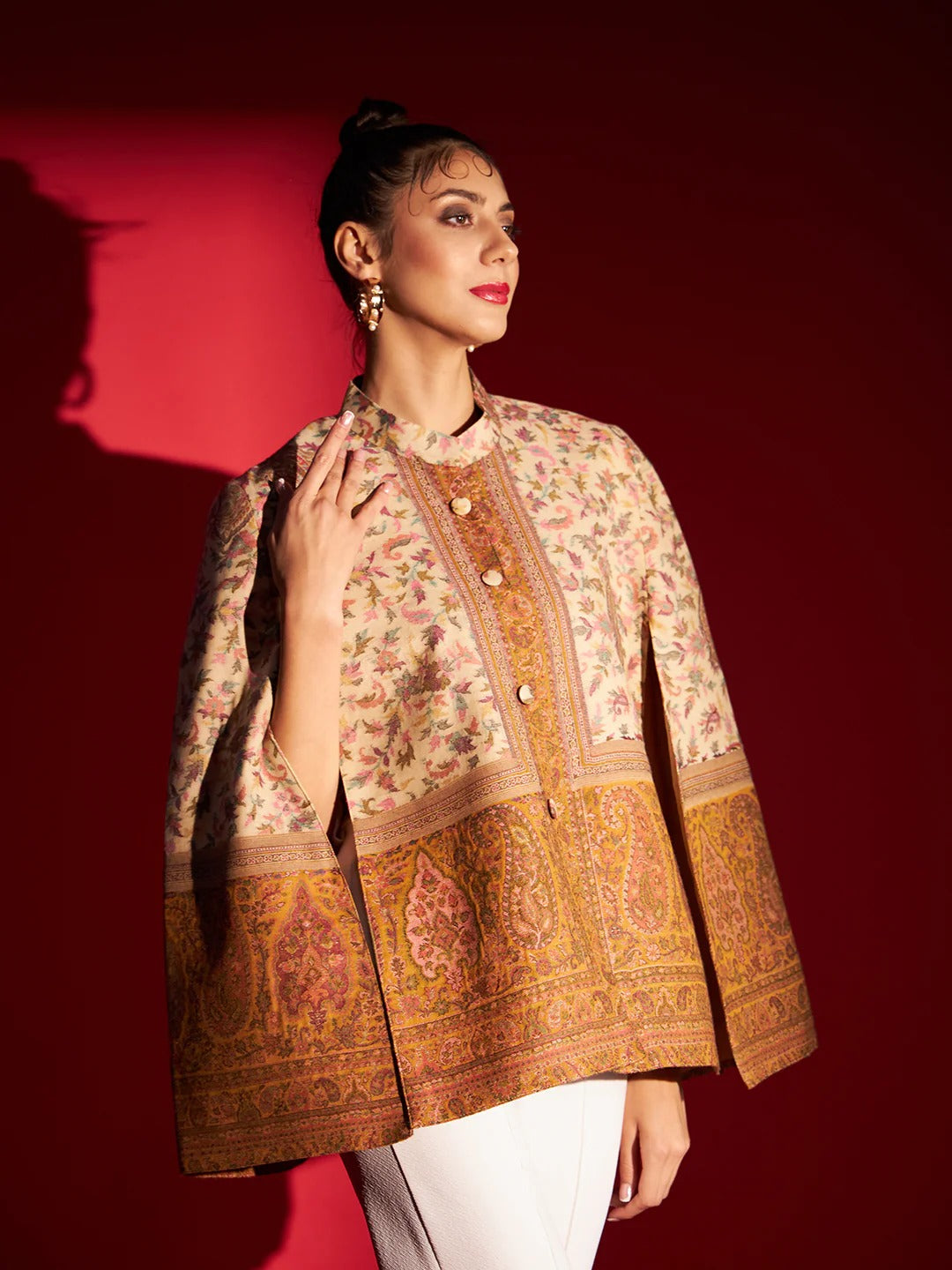 Woven Designer Luxury Cape Jacket for Women | Cream Mustard
