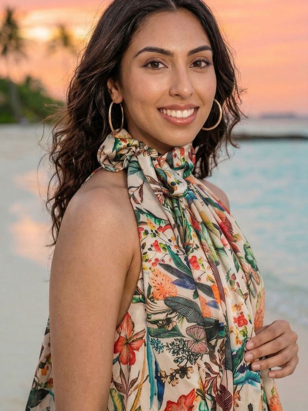 Tropical Floral Halter Maxi Dress - Elegant Satin Flowing Resort Wear for Summer Vacations and Beach Weddings