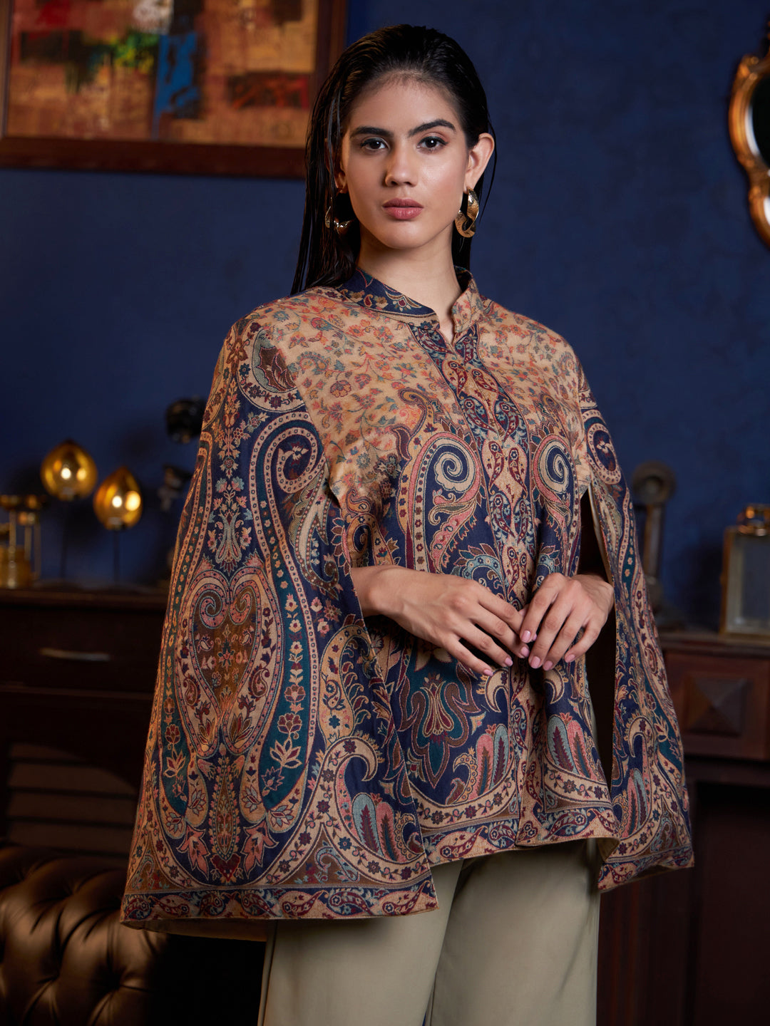 Woven Jamawar Designer Luxury Cape Jacket for Women | Blue