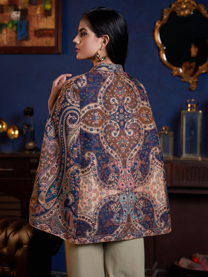 Woven Jamawar Designer Luxury Cape Jacket for Women | Blue