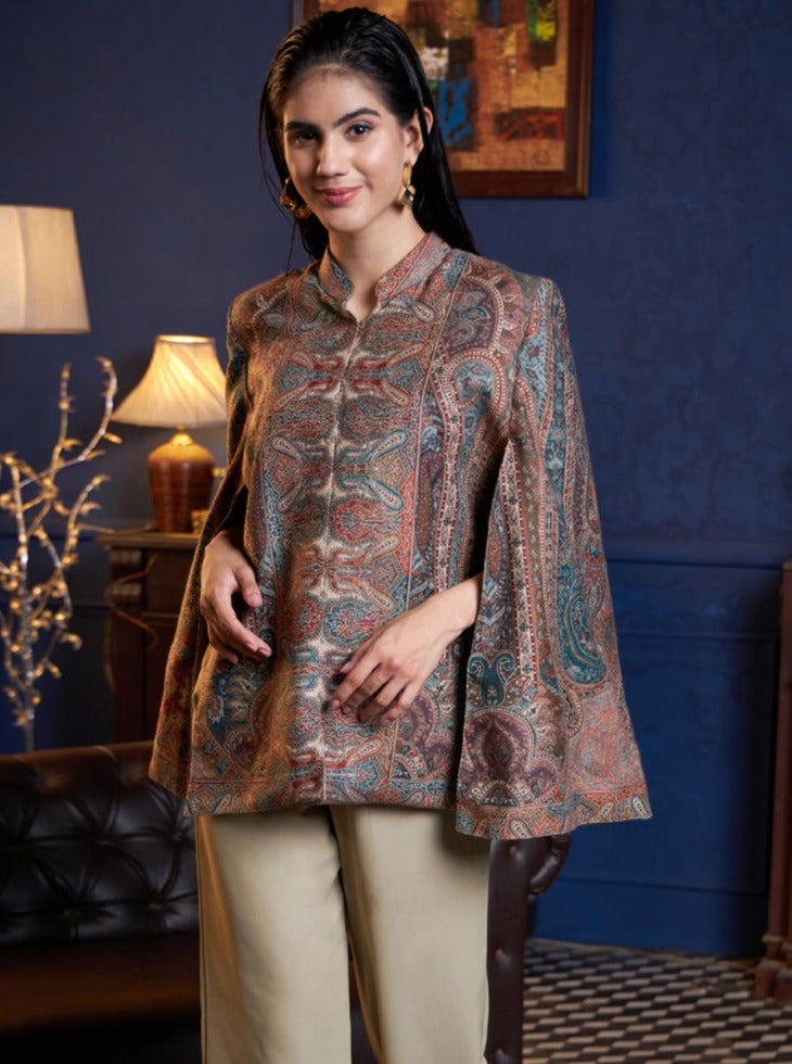 Woven Jamawar Designer Luxury Cape Jacket for Women | Multicolor