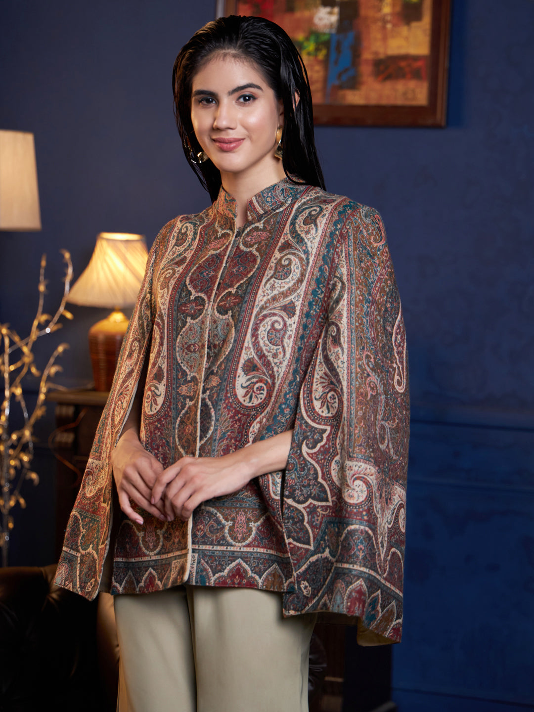 Woven Jamawar Designer Luxury Cape Jacket for Women | Multicolor