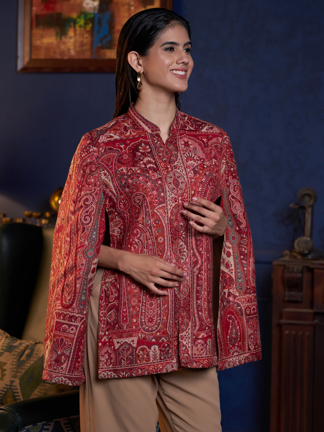 Woven Jamawar Designer Luxury Cape Jacket for Women | Multicolor