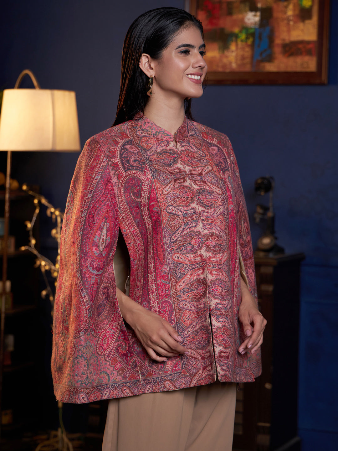 Woven Jamawar Designer Luxury Cape Jacket for Women | Pink