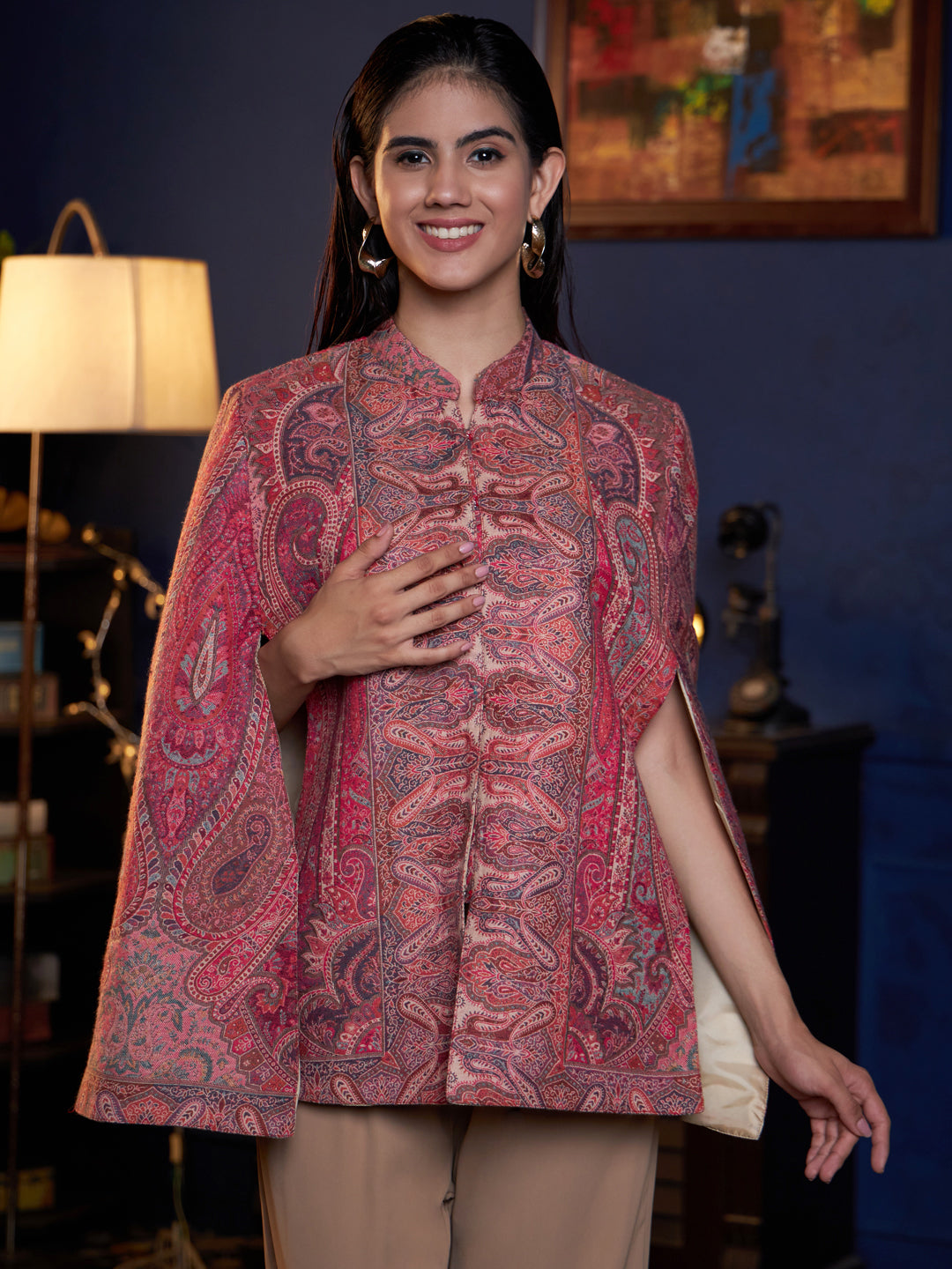 Woven Jamawar Designer Luxury Cape Jacket for Women | Pink