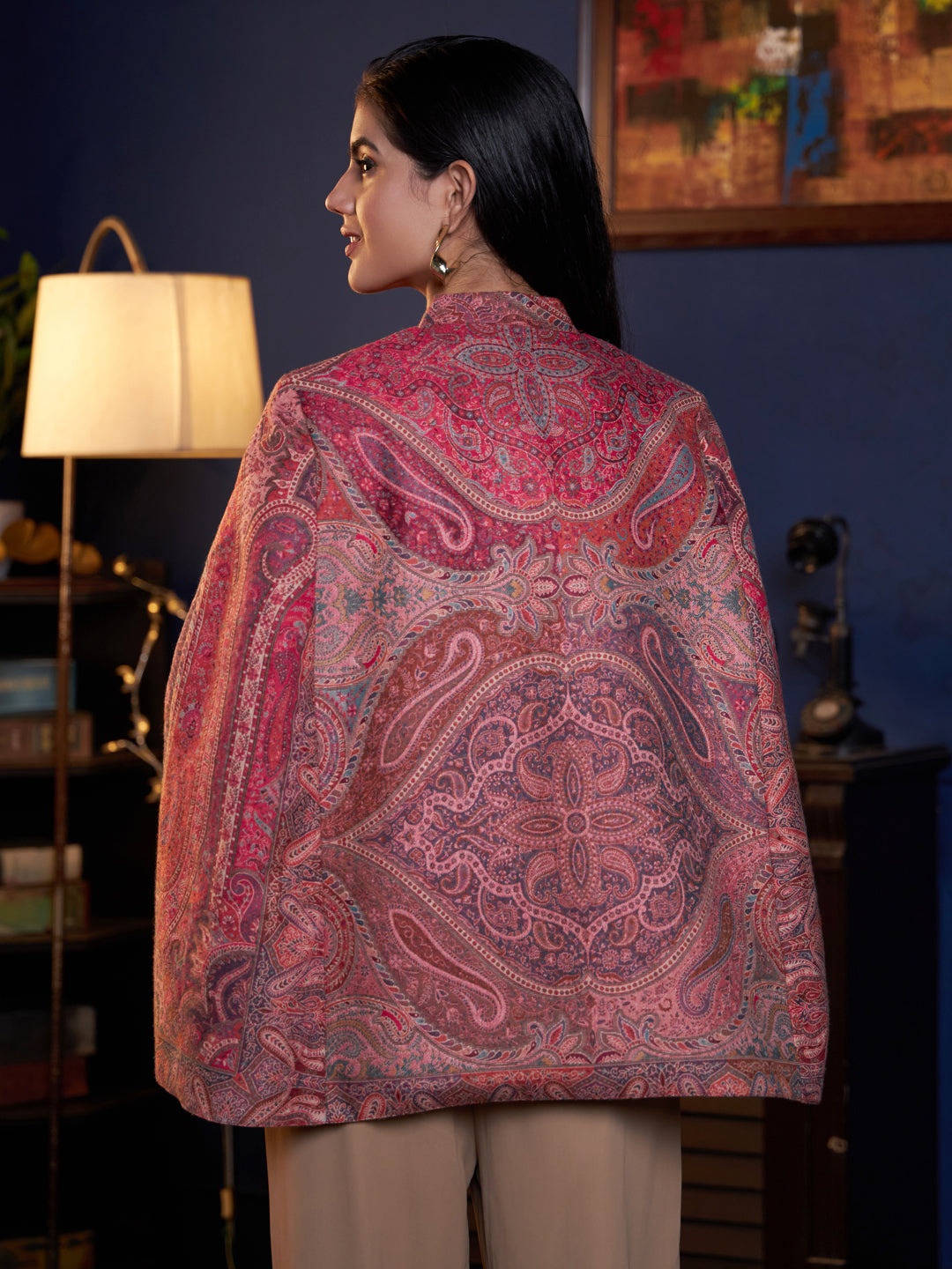 Woven Jamawar Designer Luxury Cape Jacket for Women | Pink