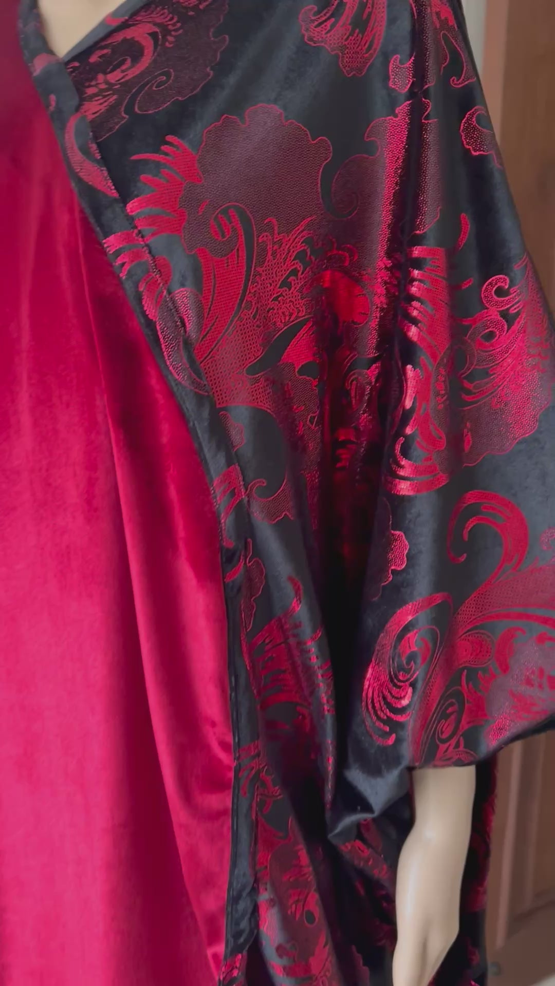 Elegant Red and Black Velvet Kaftan with Floral Patterns