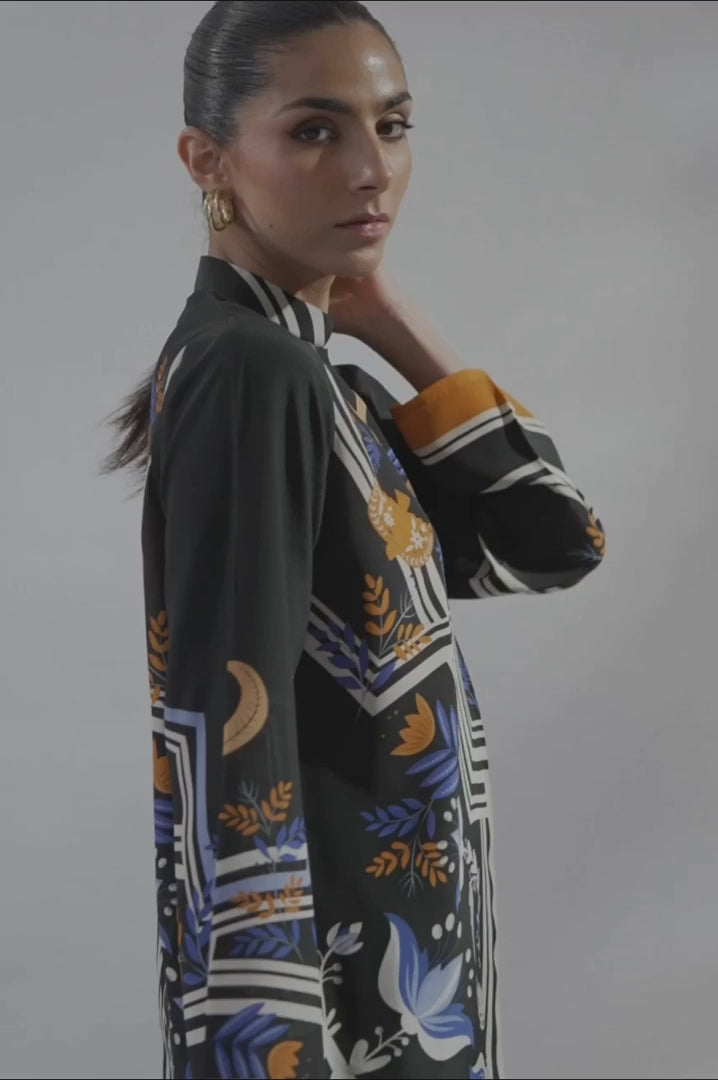 Black Floral Border Print Co-Ord Set – Mandarin Collar Tunic &amp; Straight Pants