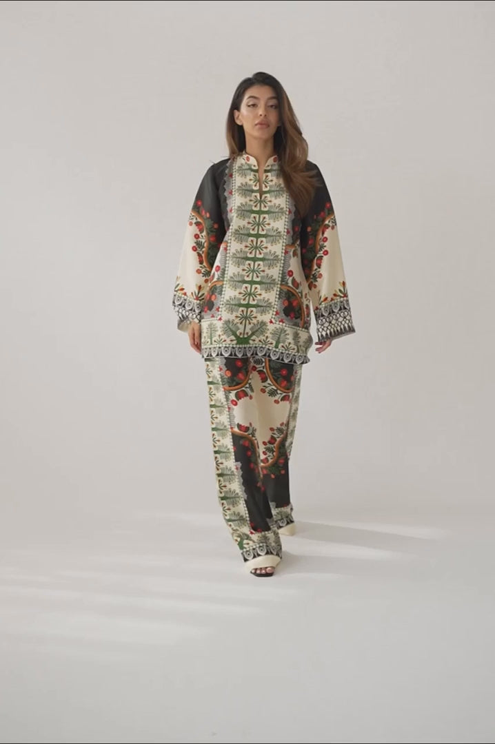 Folk Floral Print Co-Ord Set – Ivory &amp; Brown Mandarin Collar Tunic with Wide-Leg Pants