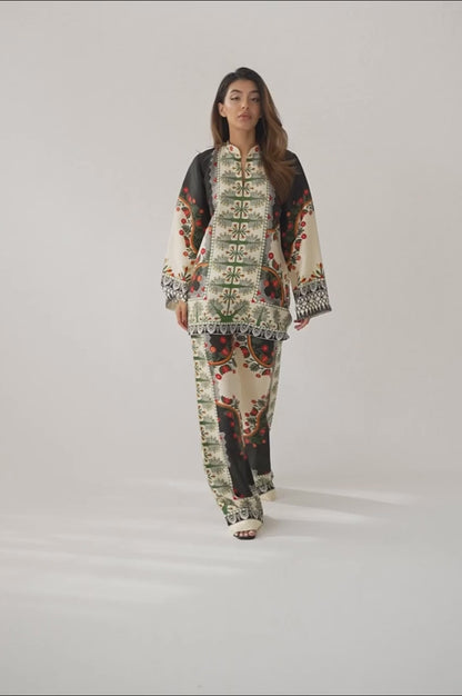 Folk Floral Print Co-Ord Set – Ivory &amp; Brown Mandarin Collar Tunic with Wide-Leg Pants