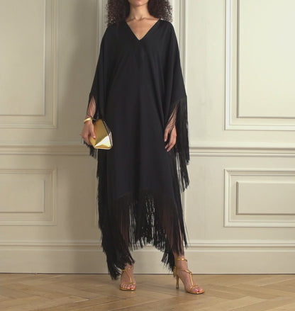 V-Neck Korean Silk Free Size  Fringe Kaftan Dress