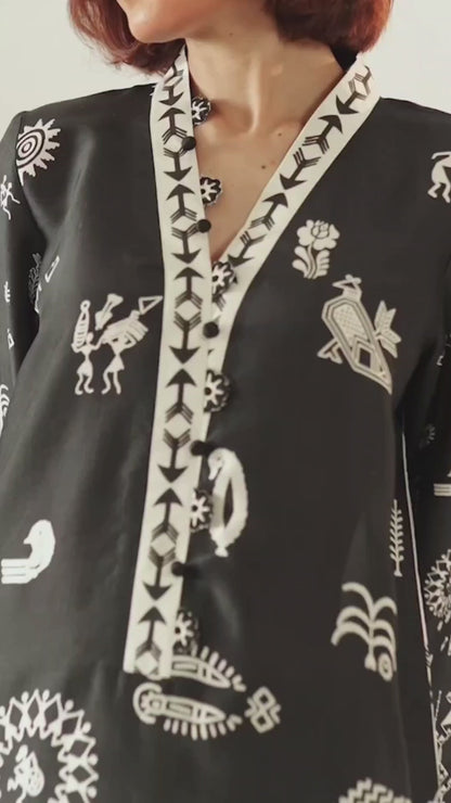 Women’s Black &amp; White Printed Kaftan Dress – Long Sleeve Maxi Kaftan